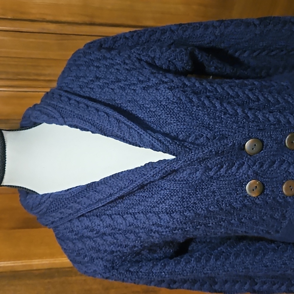 Aran Crafts 100% Merino Wool Button Up Cable Knit Double Busted Dark Blue Sz XS - Picture 4 of 9